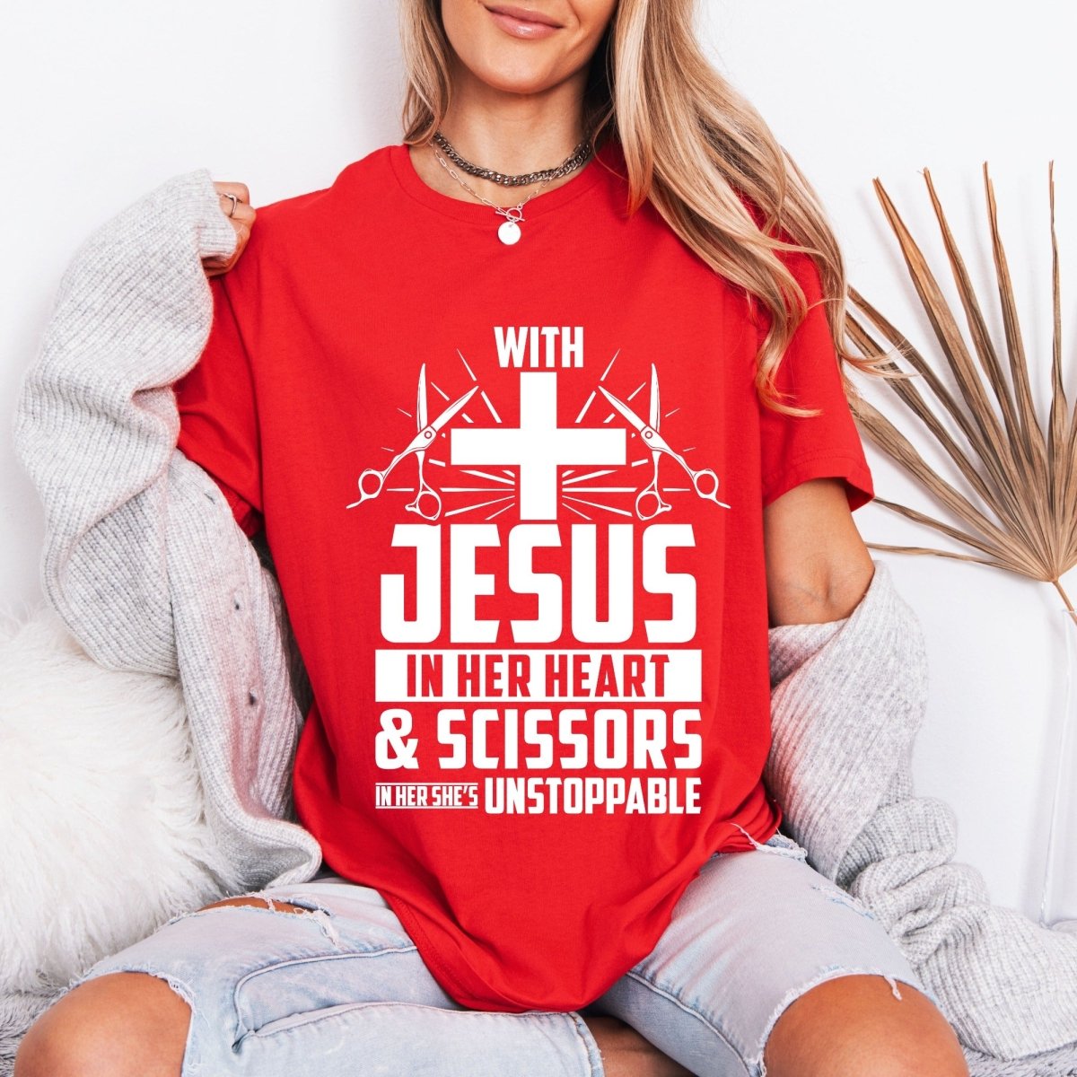 Unstoppable With Jesus & Scissors | Hair Stylist Faith Tee - Luckets.com