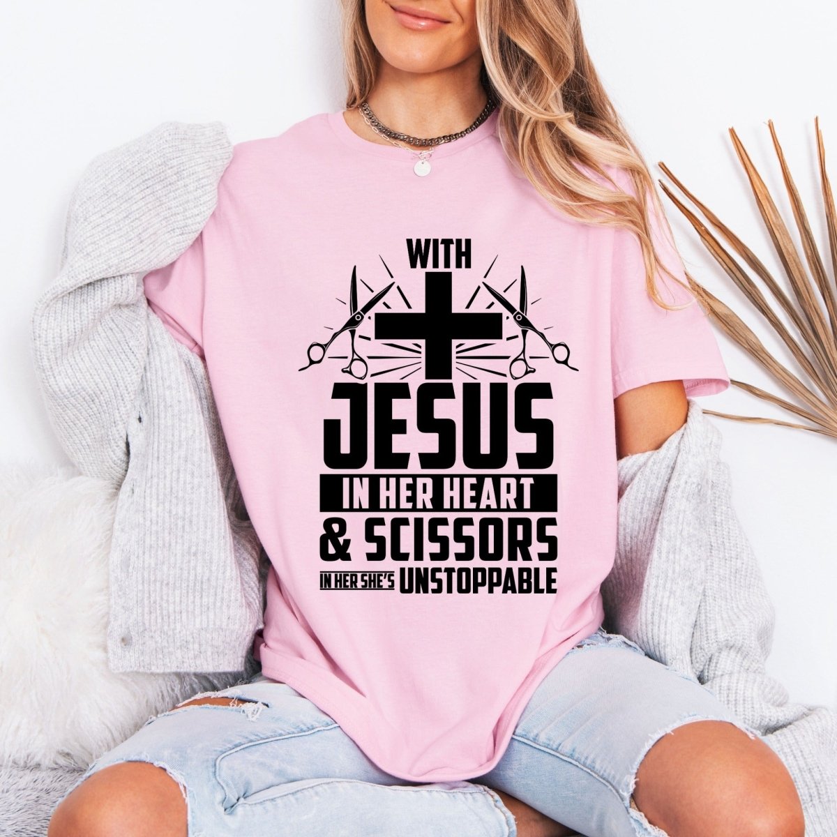 Unstoppable With Jesus & Scissors | Hair Stylist Faith Tee - Luckets.com