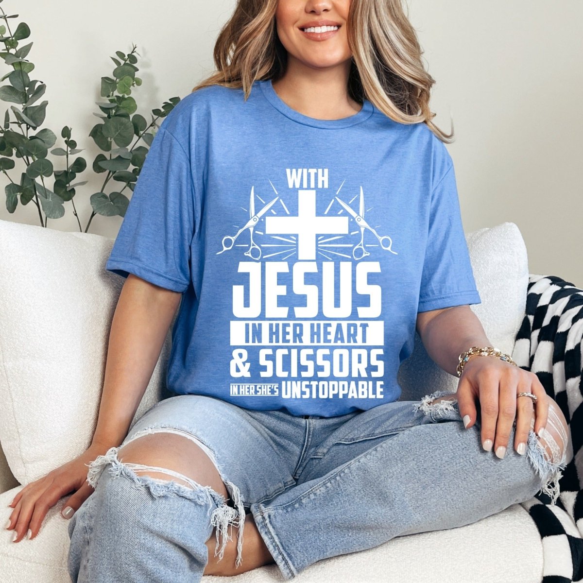 Unstoppable With Jesus & Scissors | Hair Stylist Faith Tee - Luckets.com