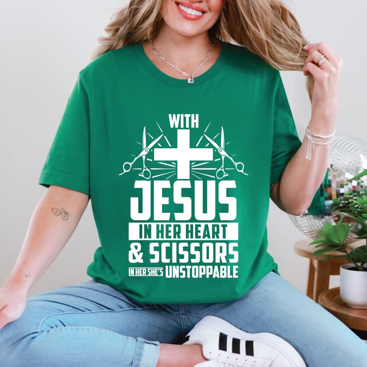 Unstoppable With Jesus & Scissors | Hair Stylist Faith Tee - Luckets.com