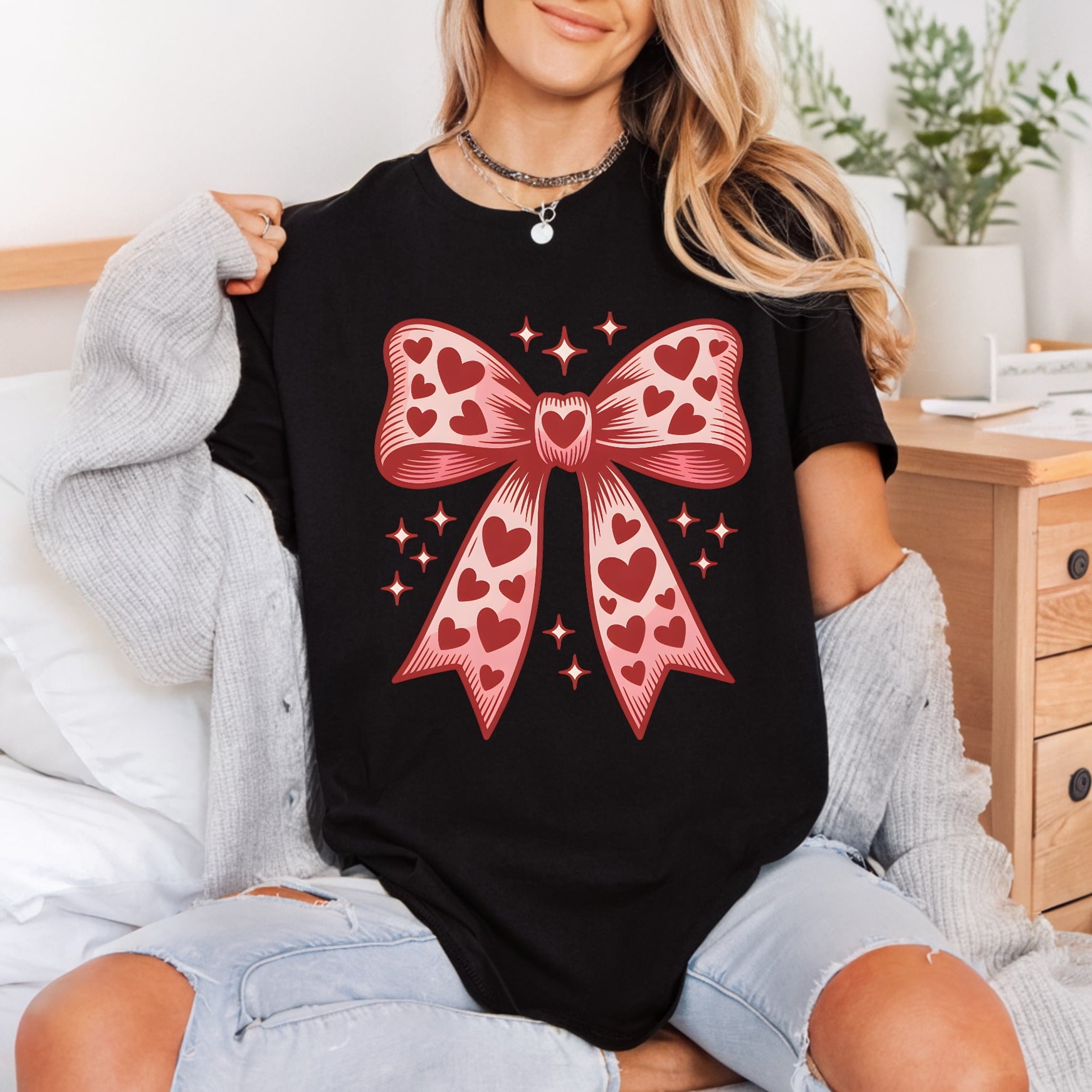 Valentine Bow Hearts Retro Valentine Retro Ready to Press DTF Transfer for Dtf