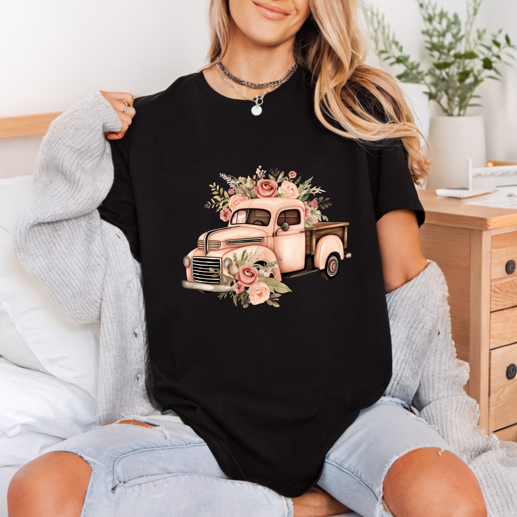 Vintage Truck Flowers Chic Vintage Retro Ready to Press DTF Transfer for Dtf