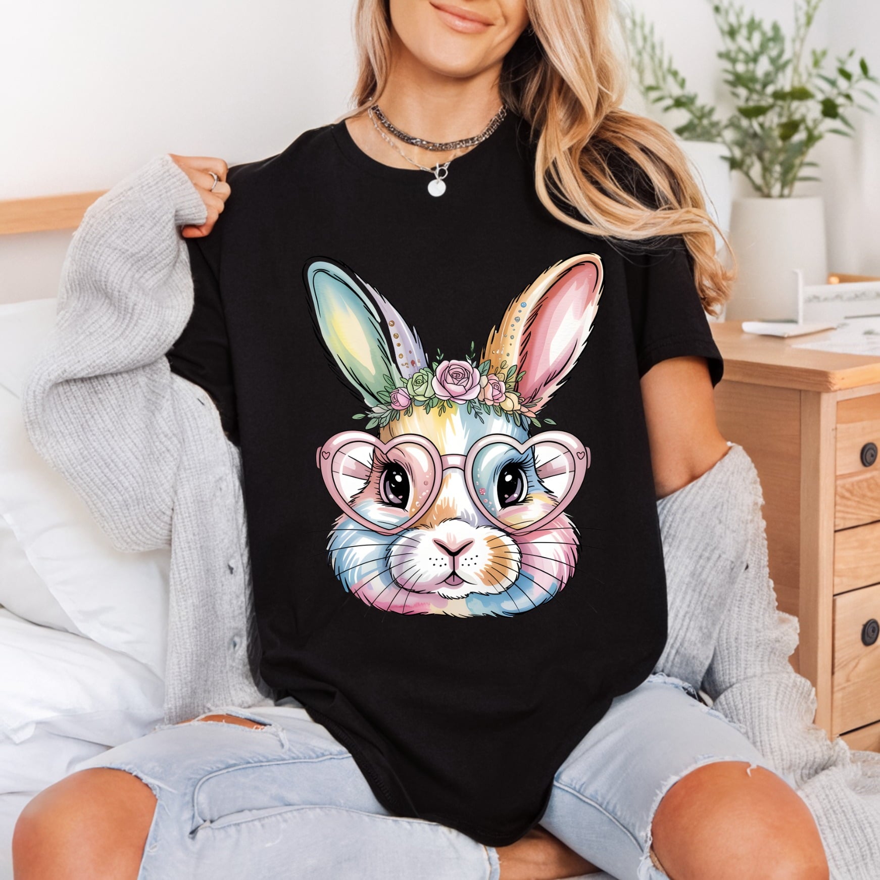 Watercolor Bunny Heart Glasses Easter Aesthetic Ready to Press DTF Transfer for Dtf