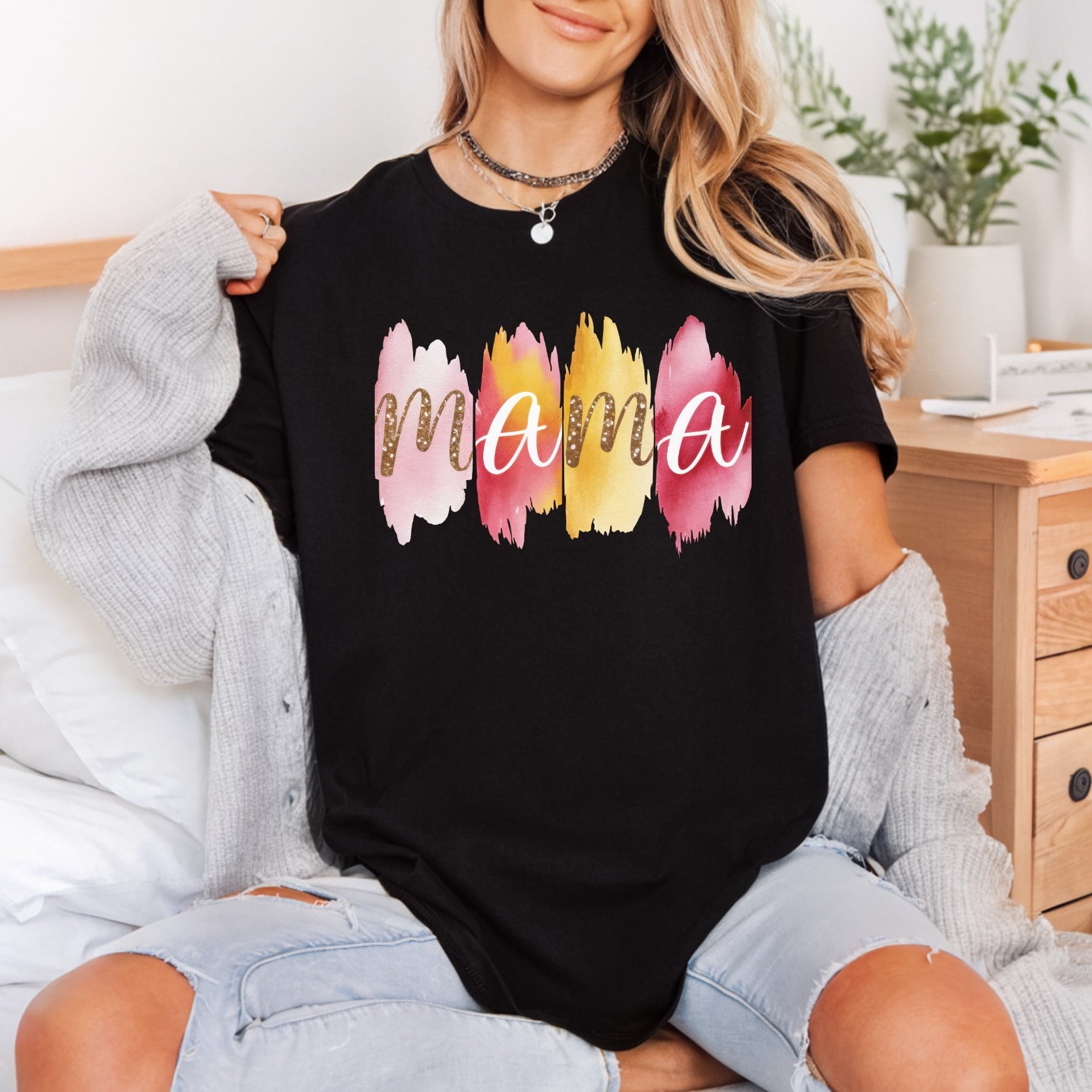 Watercolor Mama Brushstrokes Glitter Mom Ready to Press DTF Transfer for Dtf