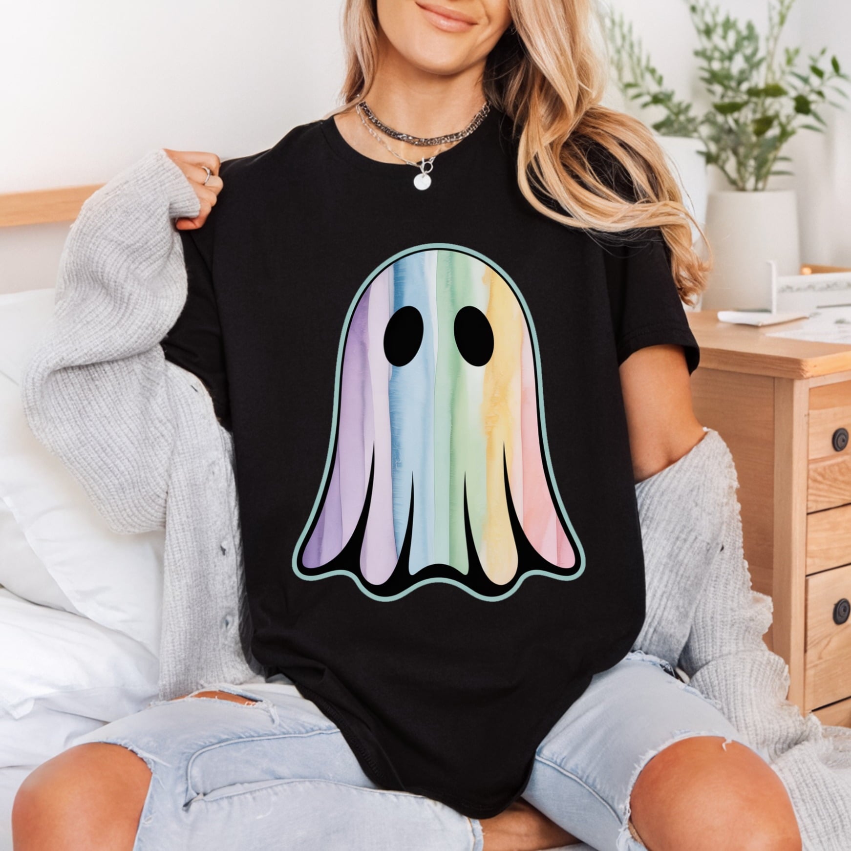 Watercolor Rainbow Ghost Spooky Halloween Aesthetic Ready to Press DTF Transfer for Dtf