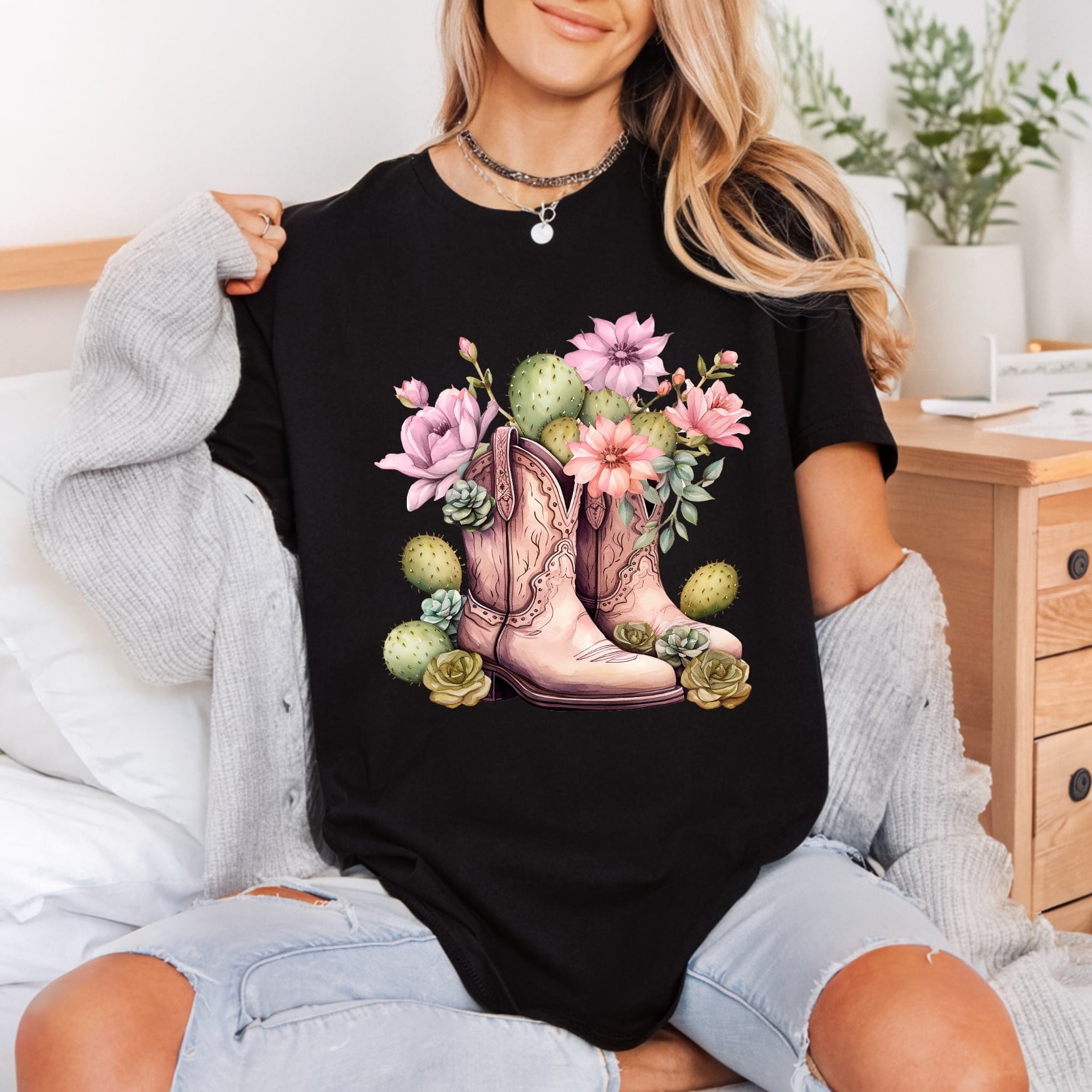 Western Boots Cactus Blooms Usa Boho Ready to Press DTF Transfer for Dtf