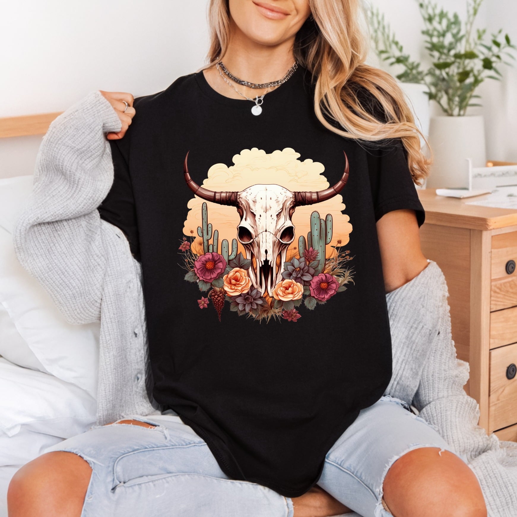 Western Floral Skull Boho Usa Boho Ready to Press DTF Transfer for Dtf