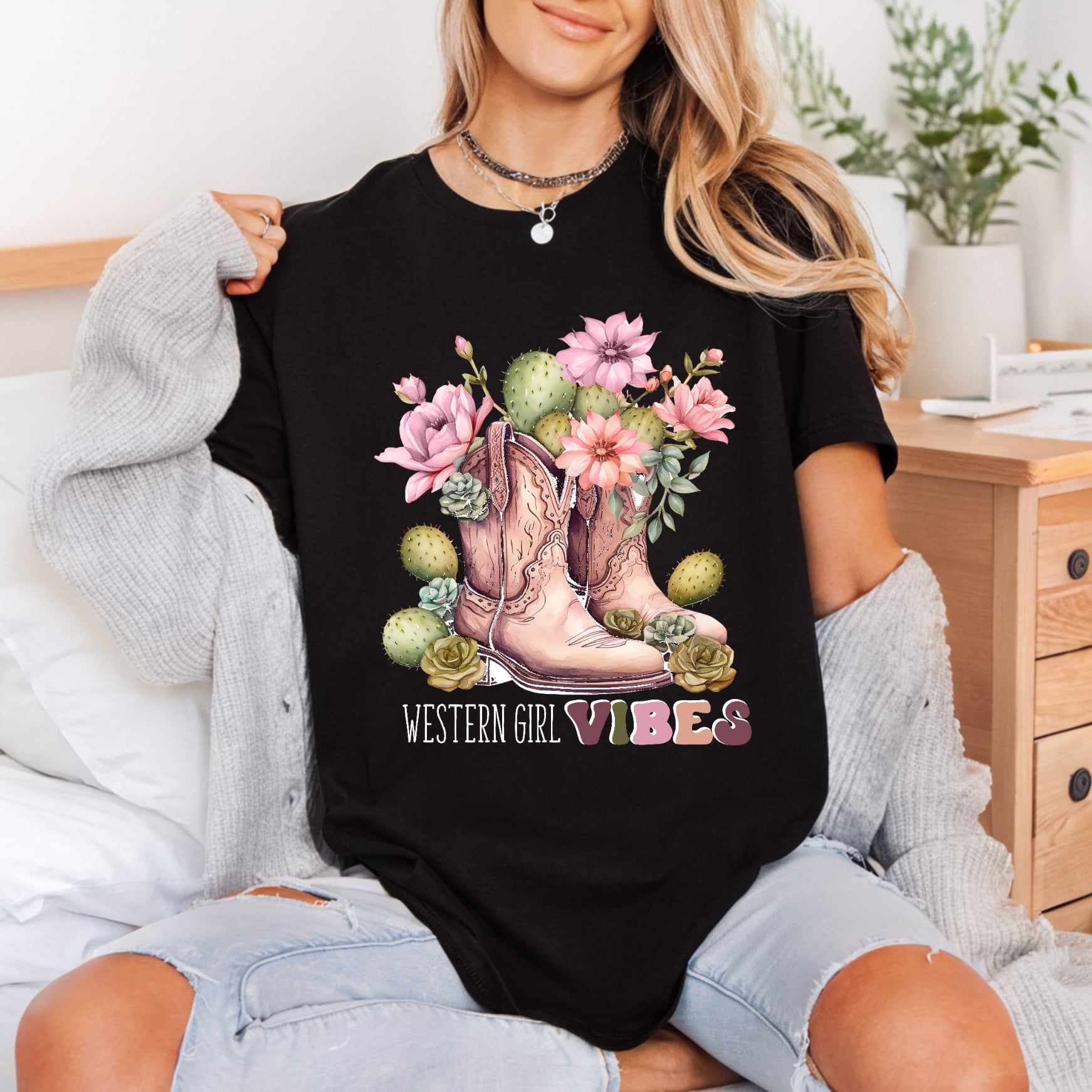 Western Girl Boots Boho Usa Vintage Ready to Press DTF Transfer for Dtf