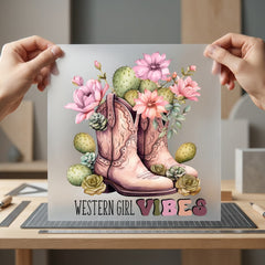 Western Girl Boots Boho Usa Vintage Ready to Press DTF Transfer for Dtf