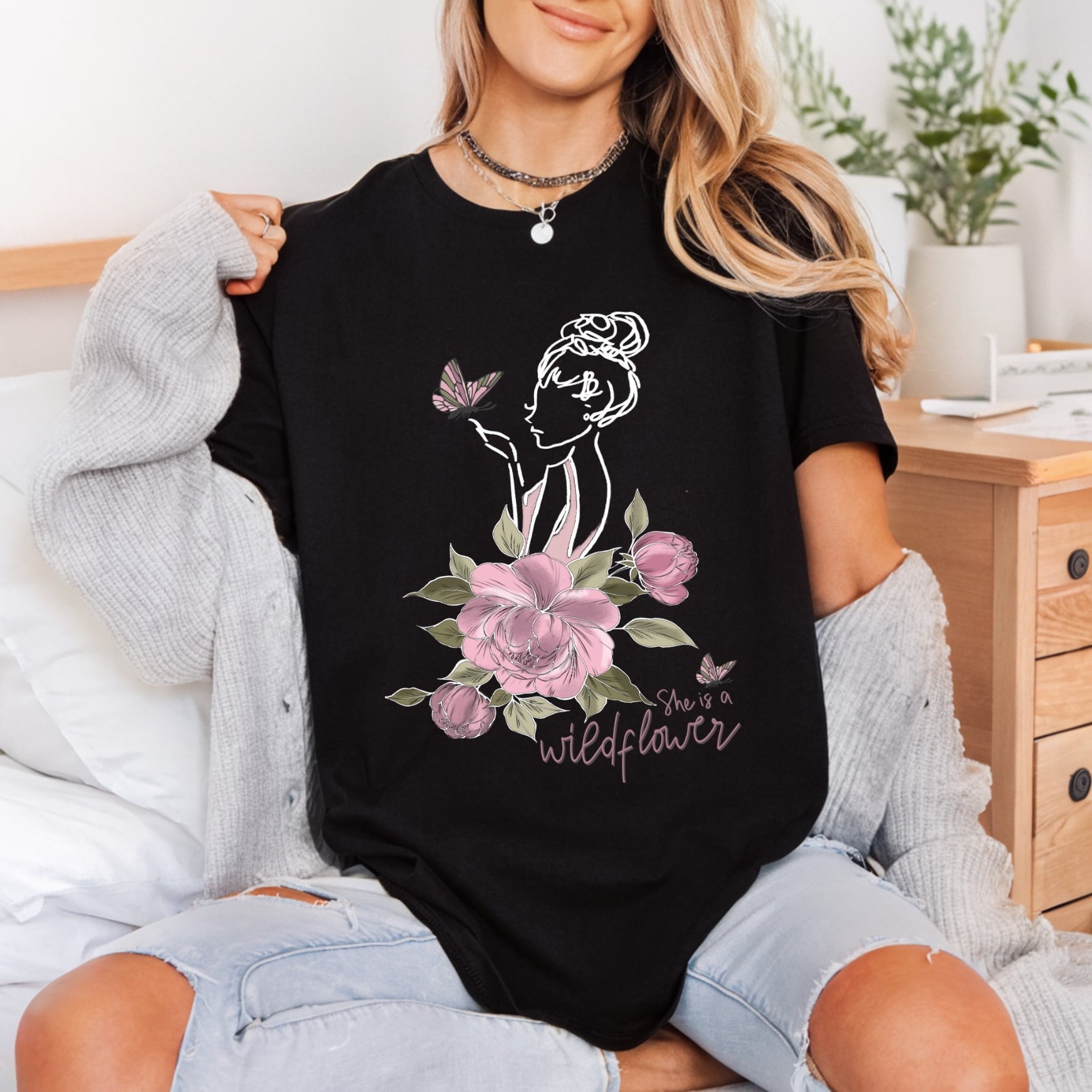 Wildflower Girl Butterfly Elegant Boho Aesthetic Ready to Press DTF Transfer for Dtf