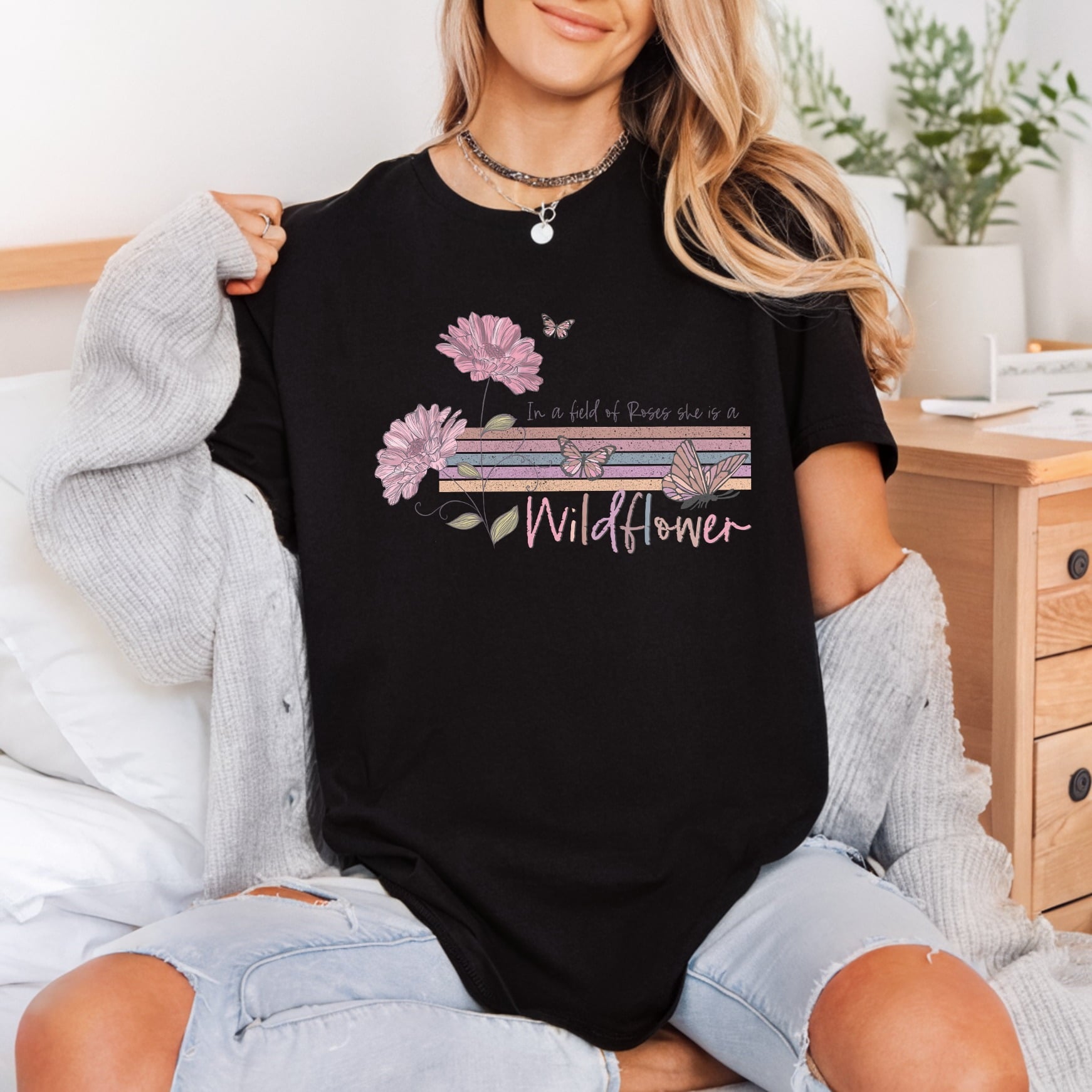 Wildflower Quote Butterflies Boho Spring Vintage Ready to Press DTF Transfer for Dtf