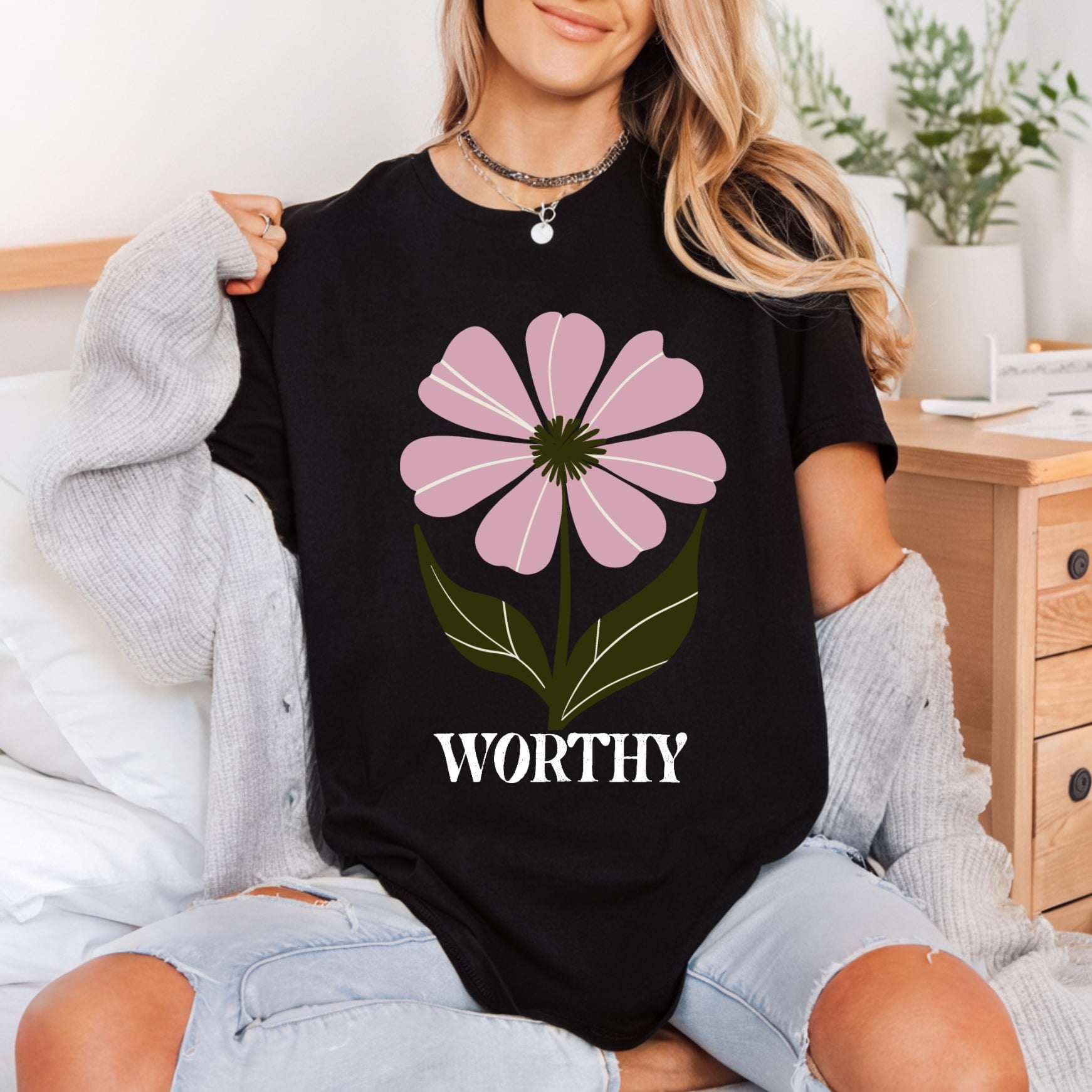 Worthy Pink Daisy Floral Boho Aesthetic Ready to Press DTF Transfer for Dtf